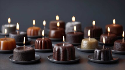 A collection of lit, petite, cake-shaped candles on gray saucers. Dark background