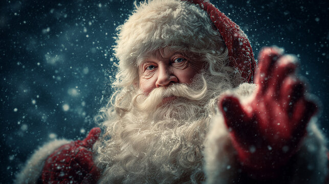 a full-body photo of Santa Claus waving his hand, illuminated by the light from behind, with a dark blue background and snow falling