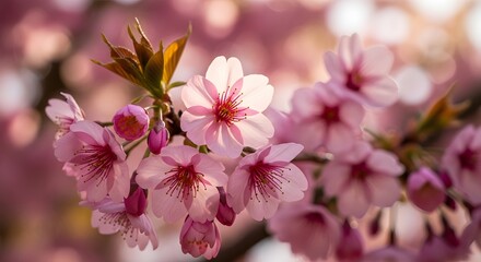Fototapeta premium A close up of a branch of cherry blossoms with pink petals and red centers in soft focus light