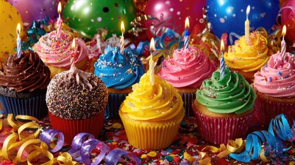 A colorful array of cupcakes with lit candles and confetti; balloons in the background