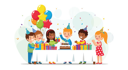 Cheerful kids celebrating birthday party with gifts, cake, and balloons making memories at fun children's event for party planning promotions