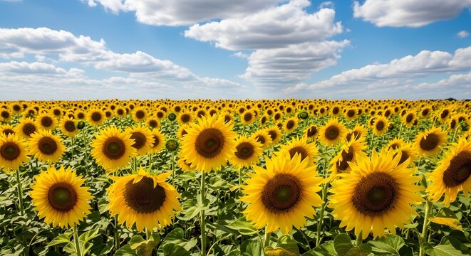 A vast field of sunflowers stretching to the horizon under a bright blue sky with scattered white clouds