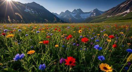 A vibrant wildflower meadow with snow capped mountains in the background under a bright sunny sky
