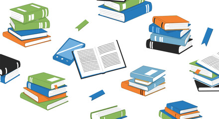 Seamless vector pattern illustrating stacks of colorful academic books, an open book, and a smartphone, symbolizing education, knowledge, literature, e-learning, and the pursuit of scholarly reading