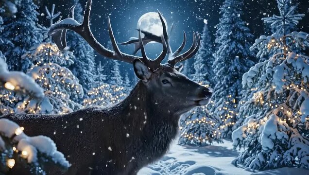 Majestic reindeer standing in snowy forest with fir trees covered in snow and illuminated by string lights, concept for winter holiday celebration, Christmas card design and seasonal nature background
