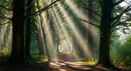 A path through a sunlit forest with tall trees and beams of light shining through the canopy above path