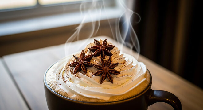 Steaming Hot Beverage with Whipped Cream and Star Anise - Powered by Adobe