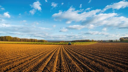 Plowed agricultural fields beneath a clear blue sky, showcasing farming activity and land use