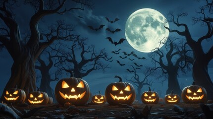 Fototapeta premium Halloween pumpkins under a full moon with bats flying