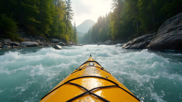 Kayaking through adrenaline-fueled rapids. Thrilling whitewater adventure from a kayak. High-intensity river kayaking experience. Ultra-realistic views of raging currents.