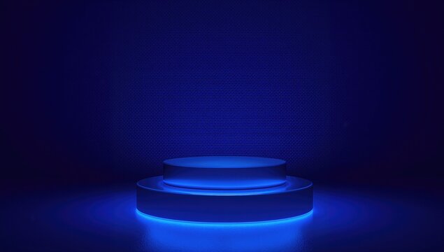 A three-cylinder LED-lit pedestal casts reflections against a blue backdrop, showcasing design innovation - Powered by Adobe