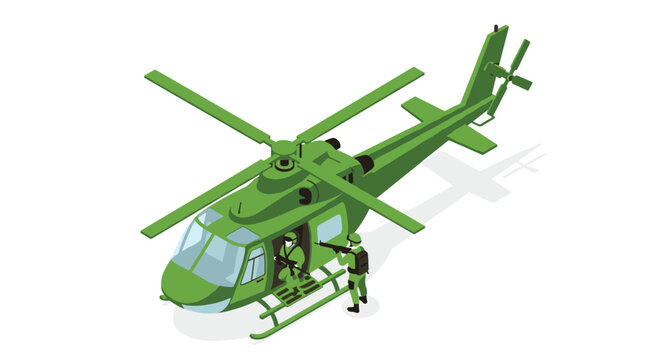 Dynamic green military helicopter with soldiers on mission, ready for action and defense operations in strategic locations worldwide