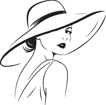 Minimalist single-line portrait of a woman in a wide-brimmed hat, elegant fashion-style illustration with graceful curves and timeless black-and-white simplicity.