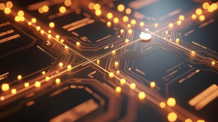 Circuit board with glowing orange traces and microchips