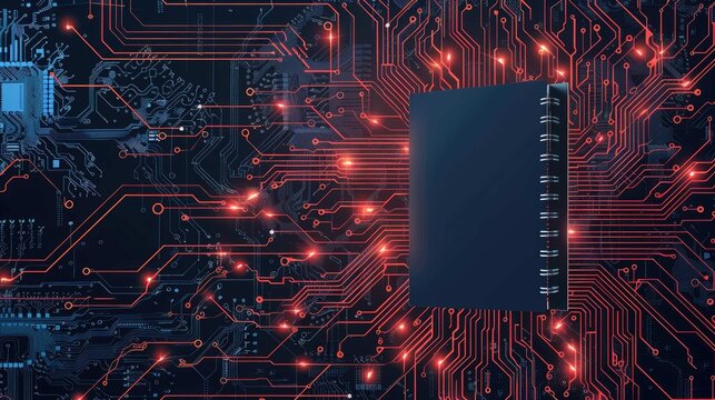 A dark gray notebook sits atop a glowing circuit board, its edges illuminated with red light