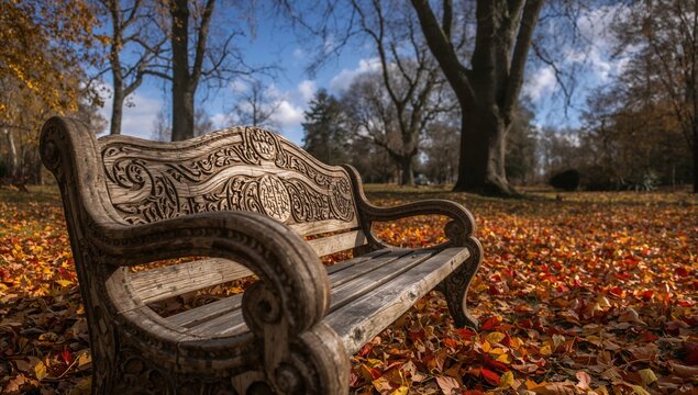 A rustic wooden bench enveloped by fallen autumn leaves in a tranquil park during a cool fall afternoon, seasonal change