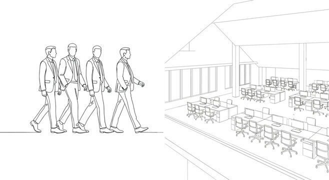 Monochrome line art vector depicting professional businessmen walking in suits alongside a detailed illustration of a modern open-plan office interior, symbolizing corporate progress and workplace env