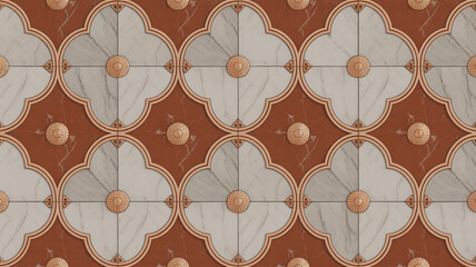 Seamless Moroccan geometric tile pattern, repeating quatrefoil shapes, metallic copper lines, terracotta and cream marble, luxurious exotic symmetry, perfect for wallpaper, fabric, decorative surface.