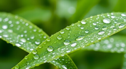 A close up of green leaves covered in water droplets glistening in the bright natural light outdoors