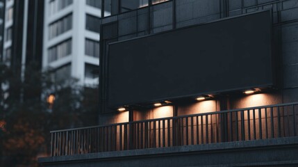 A dark, modern building facade features a blank, illuminated billboard at night