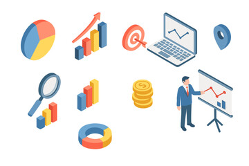 Isometric business and finance icons set with data analysis charts, graphs, presentation, and marketing symbols