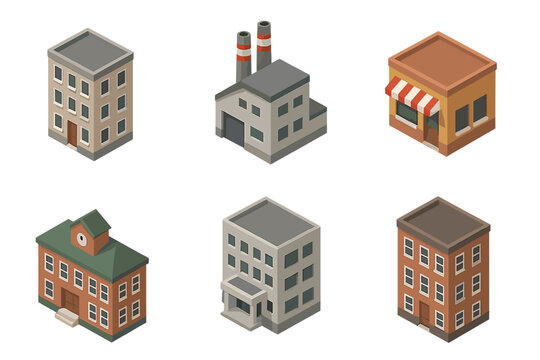 Six detailed isometric architectural elements of urban buildings and structures