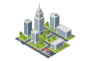 Isometric modern city landscape with skyscrapers, commercial buildings, roads, and green park areas © Andrei