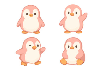 Four pink baby penguins standing, waving, winking, and sitting in various cute poses