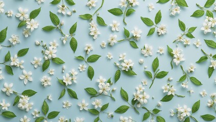 Fototapeta premium Pattern featuring jasmine flowers and leaves on a soft blue backdrop, suitable for editorial header background