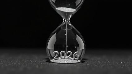 Glass hourglass with sand flowing, displaying year 2026, symbolizes passage of time and future anticipation
