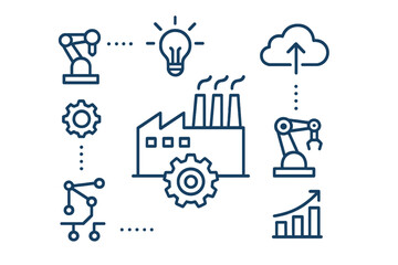 Smart factory automation process flow diagram with robotic arms, cloud computing, and data analytics icons