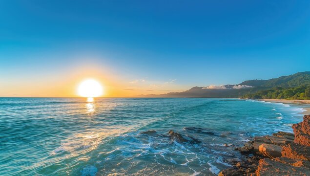 Sunrise over the ocean, shimmering on the waves, at a beach setting, seasonal change