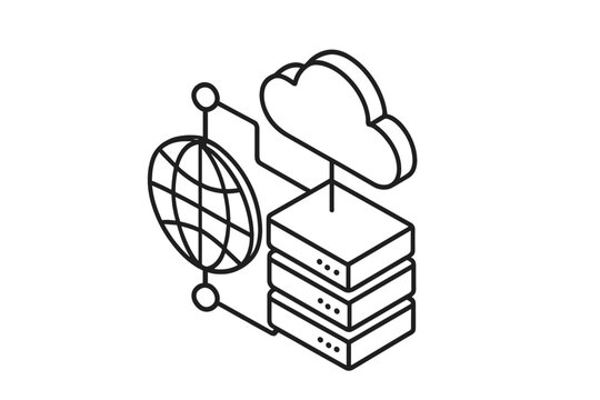Isometric design showing global data network and cloud computing infrastructure