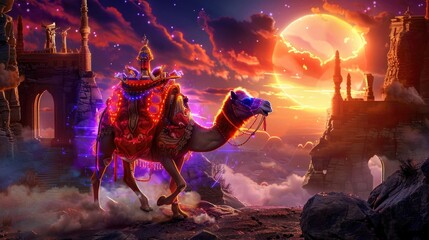 A decorated camel, illuminated, travels through clouds at sunset, ruins in background