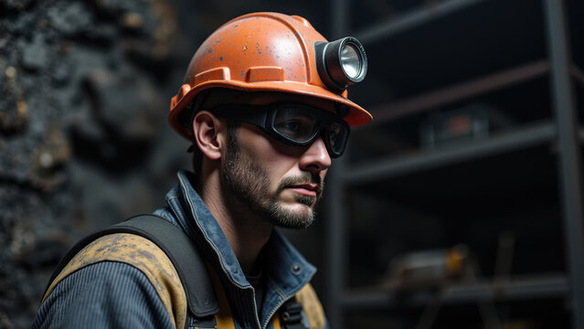 Miner wearing orange hard hat and protective goggles, focused in dimly lit underground environment, showcasing dedication and safety