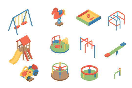 Colorful playground equipment in isometric view including swings, slide, sandbox, and seesaw