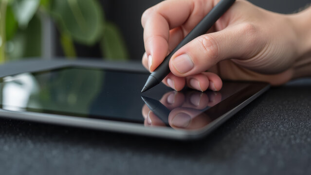 Digital drawing tablet stylus hand reflection technology creativity art workspace modern design