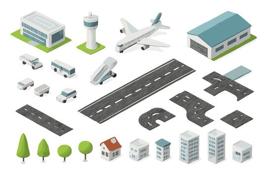 Isometric set of airport buildings, aircraft, vehicles, roads, and urban construction components