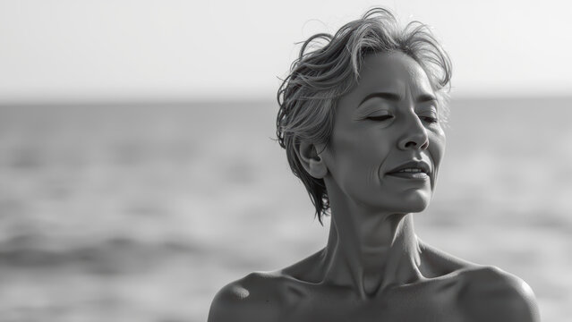 Serene woman with short hair enjoys ocean breeze, exuding confidence and tranquility. black and white image captures her peaceful expression
