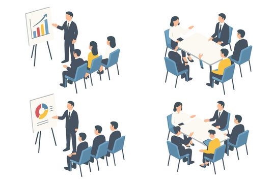 Business professionals attending corporate presentations and engaging in collaborative roundtable discussions