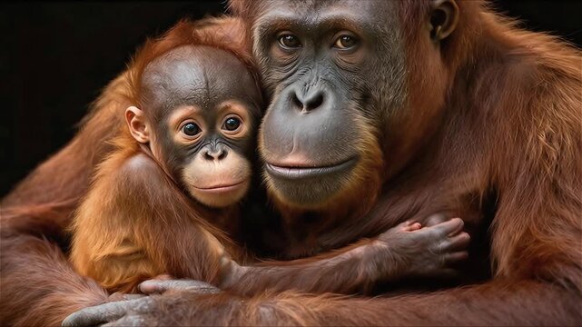 Madre orangután y su cría acurrucada sobre ella