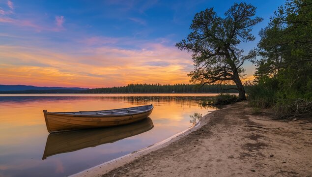 Wooden boat at sunset alongside a pine tree, reflecting on tranquility