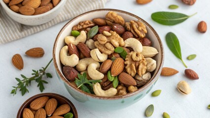 Bowl of mixed nuts including almonds, walnuts, and cashews