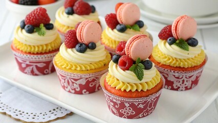 Assortment of decorated cupcakes with berries and macarons
