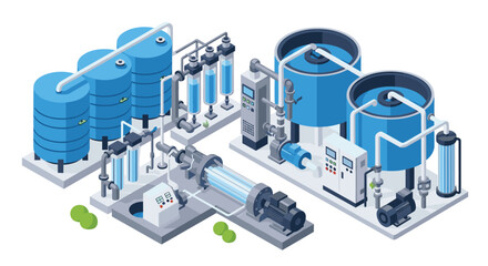 Modern isometric water purification plant illustration showcases clean water systems for industrial and commercial use emphasizing sustainability and innovation
