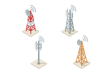 Isometric set of telecommunication towers broadcasting wireless network signals