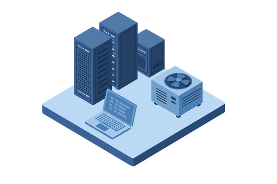 Isometric data center concept with server racks, cooling unit, and laptop on a platform