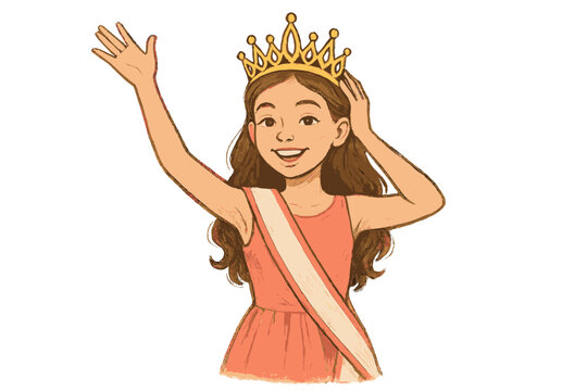 Young girl wearing golden crown and pageant sash waving, celebrating victory