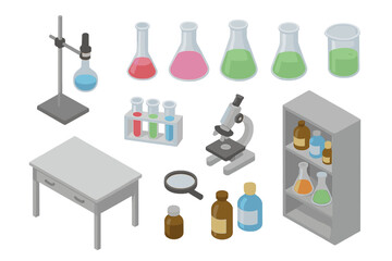 Isometric collection of chemistry laboratory equipment including flasks, test tubes, microscope, and chemical bottles