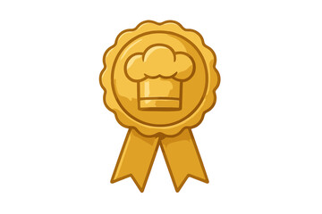 Shiny gold rosette award badge with chef toque icon and decorative ribbons
